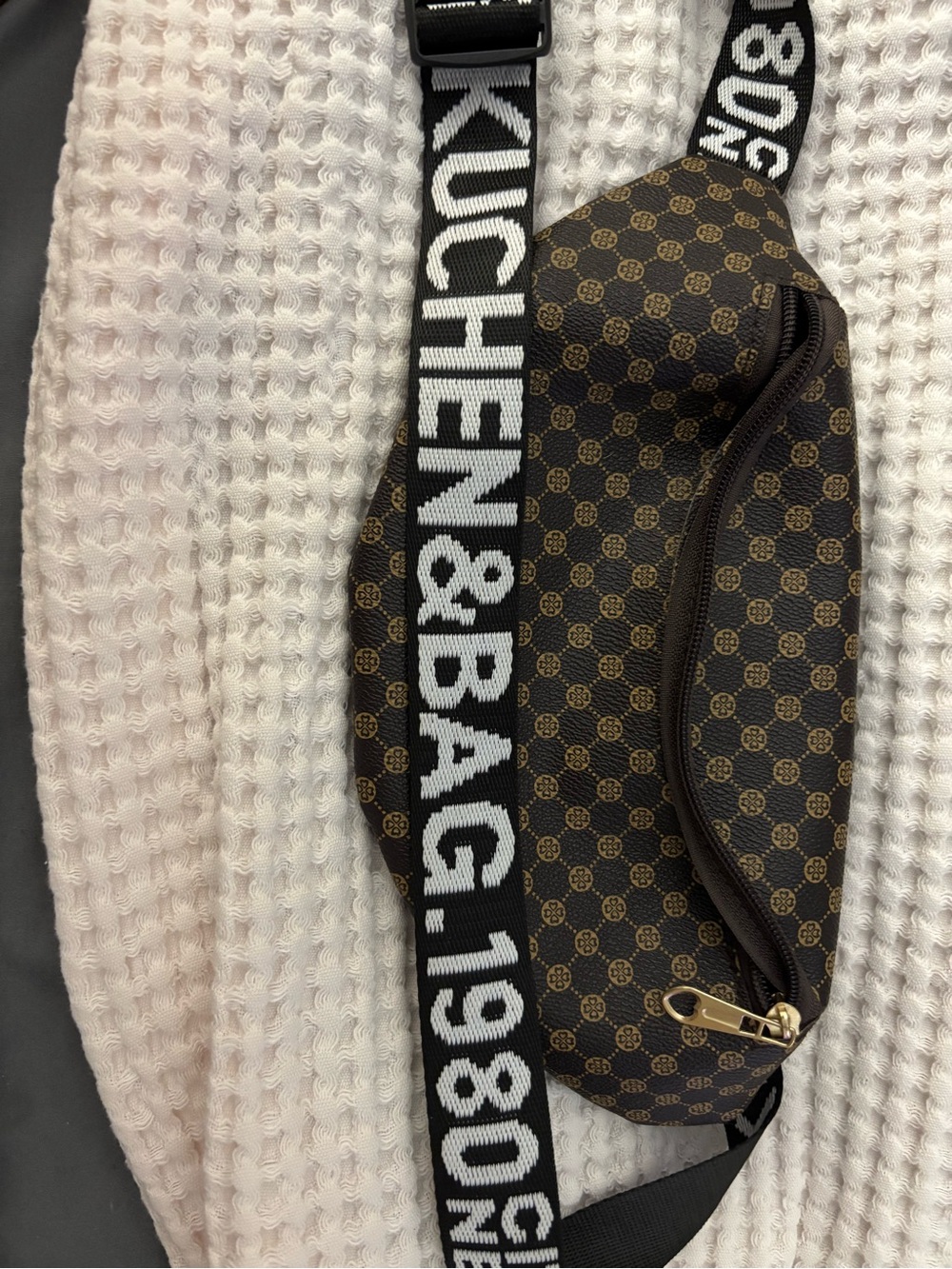 Brown Patterned Crossbody Sling Bag with Black Logo Strap (Fanny pack)